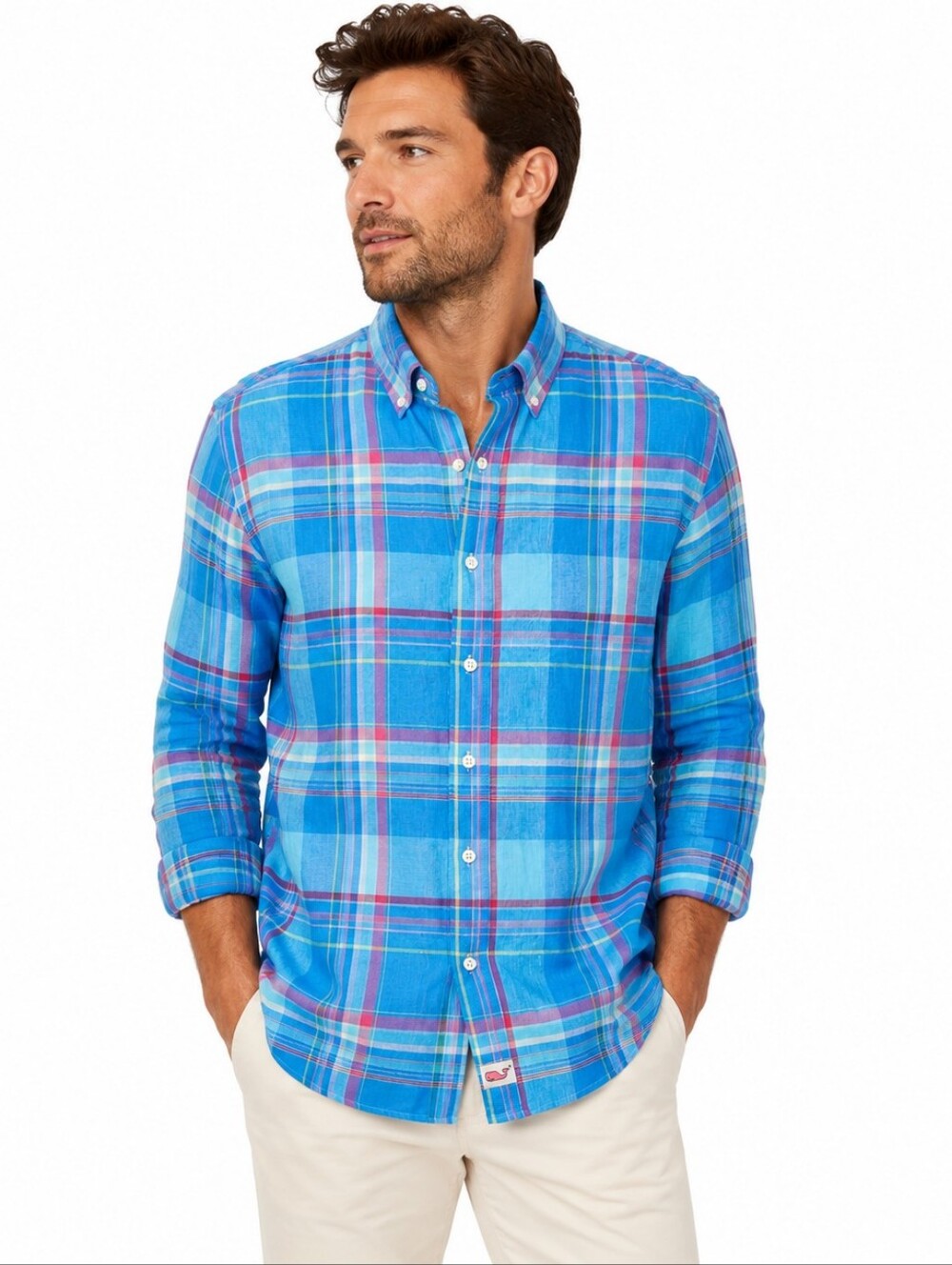 Vineyard Vines Linen Murray Shirt M Slim Fit Blue Plaid Preppy Coastal Resort